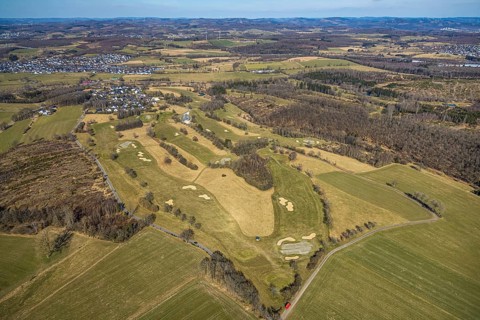 Aerial view, golf course Dörnscheid, Golfclub Siegen-Olpe, golf meadow and bunker with golf player,
