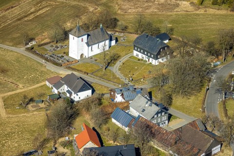 Aerial view, St. Mary's Catholic Church and cemetery, Römershagen, Wenden, Sauerland, North