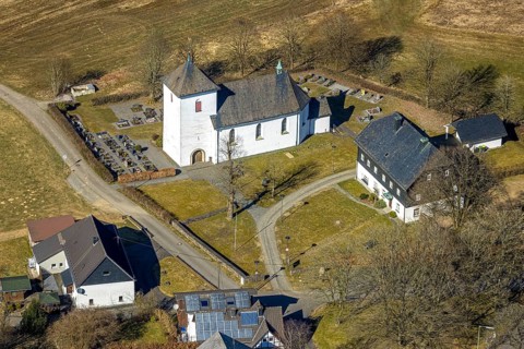 Aerial view, St. Mary's Catholic Church and cemetery, Römershagen, Wenden, Sauerland, North