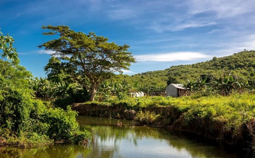Small river in the valley with farmhouse in Valle de los Ingenios, Trinidad, Cuba, Sancti Spíritus,