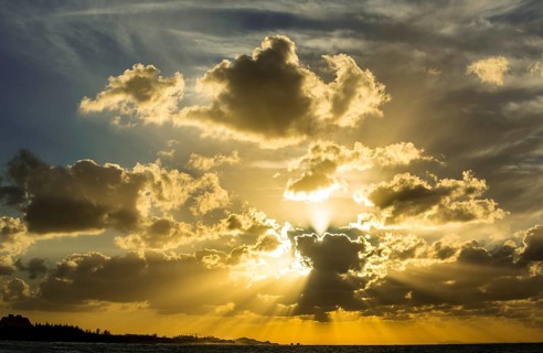 Cumulus clouds during sunset on the beach of Varadero, Varadero, Cuba, Matanzas, Cuba, Central