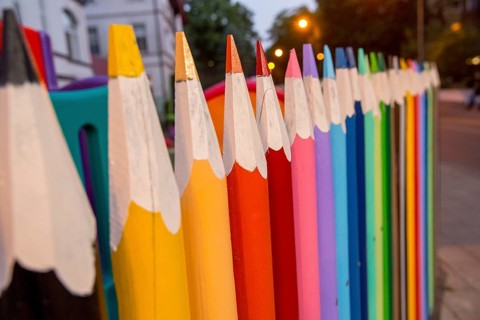 Large pencils as fence, kindergarten, ÅšwinoujÅ'cie, Swinoujscie, Baltic Sea coast, Baltic Sea,