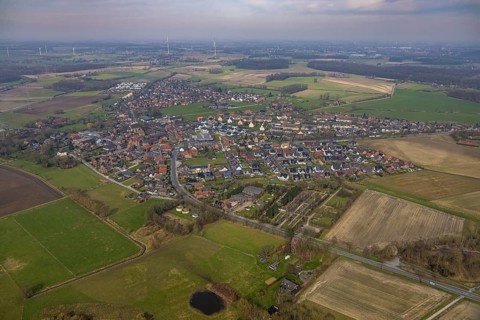 Aerial view, residential area local view district Dolberg, surrounded by meadows and fields, wind