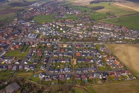 Aerial view, residential area local view district Dolberg, new REWE supermarket with solar roof,