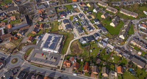 Aerial view, residential area local view district Dolberg, new REWE supermarket with solar roof,
