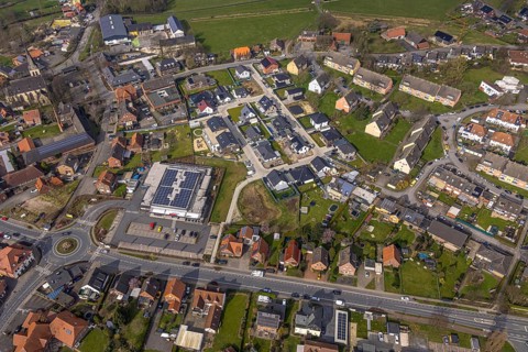 Aerial view, residential area local view district Dolberg, new REWE supermarket with solar roof,