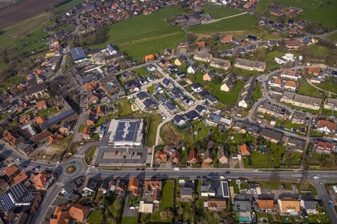 Aerial view, residential area local view district Dolberg, new REWE supermarket with solar roof,