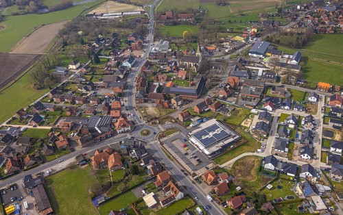Aerial view, residential area local view district Dolberg, new REWE supermarket with solar roof,