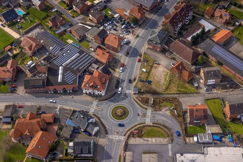 Aerial view, residential area and new roundabout Alleestraße and Uentroper Straße, solar roof on a