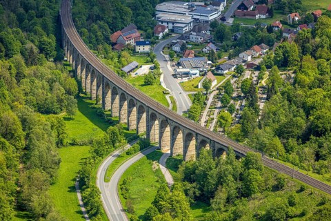 Aerial view, Altenbeken Viaduct, Adenauerstraße, railway viaduct bridge structure, also called Beke