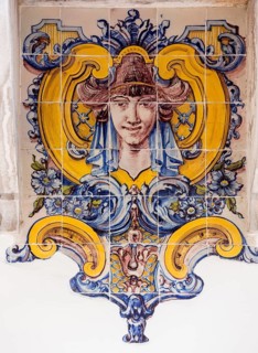 Painted tiles with female heads in Art Nouveau style, Azulejos, Lisbon, Lisbon, Portugal