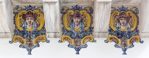 Painted tiles with female heads in Art Nouveau style, Azulejos, Lisbon, Lisbon, Portugal
