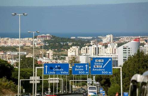 Traffic sign pointing to Belem and Sintra, Lisbon, District of Lisbon, Portugal