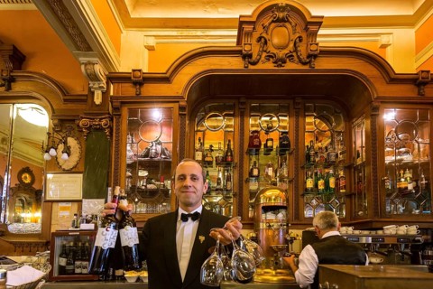 Waiter with wine bottles and glasses, waitress, Café Majestic, art nouveau cafe, tavern,