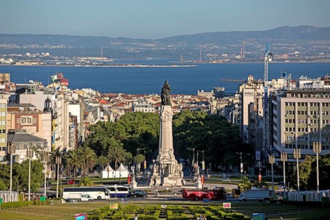 View of Lisbon over the square Praça do Marqués de Pombal, Lisbon, District of Lisbon, Portugal