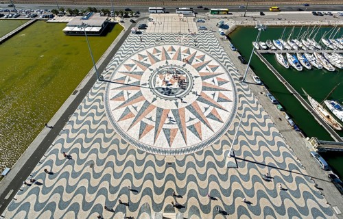 The large compass in the wave pavement in front of the Monumento a Los Descubrimientos, Lisbon,