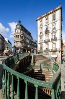 Wrought iron railings, Art Nouveau near Porto railway station, steps, Oporto, Porto district,