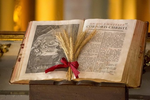 Illustrated Bible with grain jewellery, Latin Bible, Corporis Christi, Capela dos ossos parede,