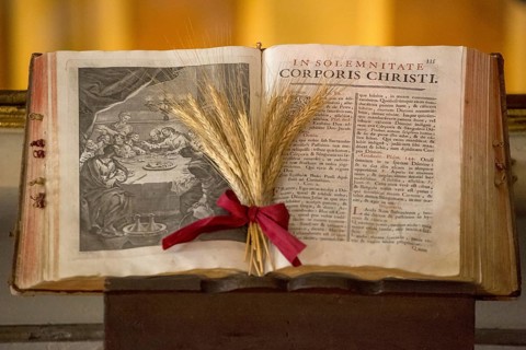 Illustrated Bible with grain jewellery, Latin Bible, Corporis Christi, Capela dos ossos parede,