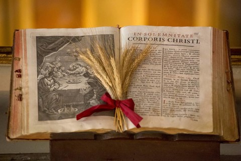 Illustrated Bible with grain jewellery, Latin Bible, Corporis Christi, Capela dos ossos parede,