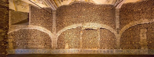 Piled bones in the ossuary, Capela dos ossos parede, chapel of bones, bone chapel, ossuary in
