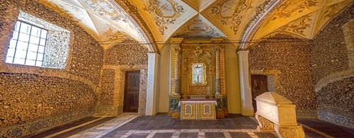 Piled bones in the ossuary, Capela dos ossos parede, chapel of bones, bone chapel, ossuary in