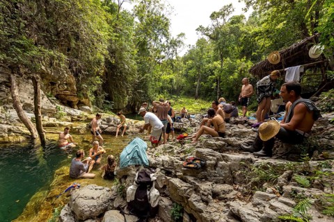 Small bathing lake in the Valle de los Ingenios with tourists, Trinidad, Cuba, Sancti Spíritus,