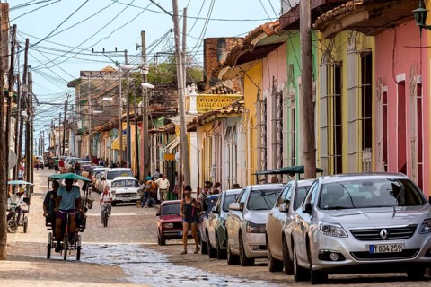Street in the old town of Trinidad with parked rental cars, Trinidad, Cuba, Sancti Spíritus, Cuba,