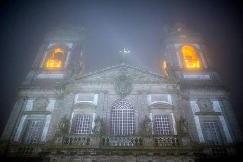 Bom Jesus do Monte, pilgrimage church of Braga in the evening fog, Braga, Braga district, Portugal,