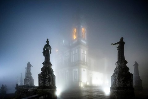 Bom Jesus do Monte, pilgrimage church of Braga in the evening fog, Braga, Braga district, Portugal,