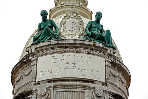 Facade of Banco Portugal, bank building, crisis symbol, Braga, Braga district, Portugal, Europe,