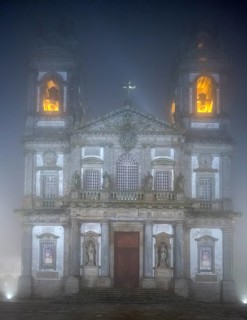 Bom Jesus do Monte, pilgrimage church of Braga in the evening fog, Braga, Braga district, Portugal,