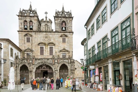 Facade of Braga Cathedral, Braga, Braga district, Portugal, Europe, aerial view, birds-eyes view,
