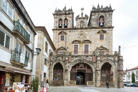 Facade of Braga Cathedral, Braga, Braga district, Portugal, Europe, aerial view, birds-eyes view,