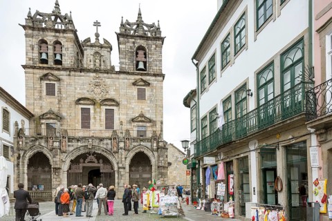 Facade of Braga Cathedral, Braga, Braga district, Portugal, Europe, aerial view, birds-eyes view,
