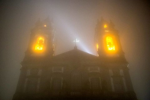 Bom Jesus do Monte, pilgrimage church of Braga in the evening fog, Braga, Braga district, Portugal,