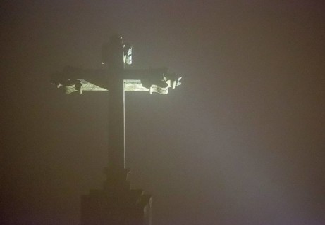 Cross of Bom Jesus do Monte, pilgrimage church of Braga in the evening fog, Braga, district of
