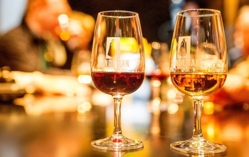 Wine tasting, white wine glass and red wine glass, wine cellar of the Sandemann winery in Gaia,