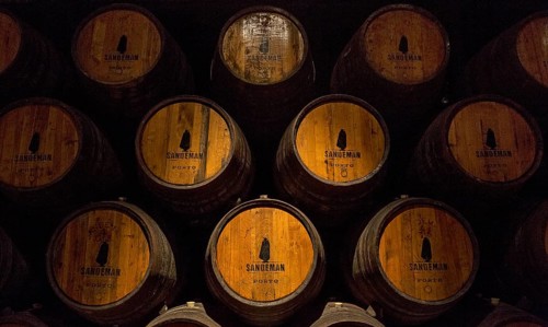 Port wine barrels, wine cellar of the Sandemann winery in Gaia, Porto, Vila Nova de Gaia, Porto