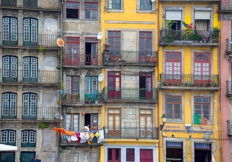 Colourful houses on the banks of the Douro in the Ribeira district, doors, Oporto, Porto district,