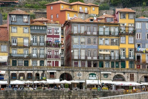 Colourful houses on the banks of the Douro in the Ribeira district, doors, Oporto, Porto district,