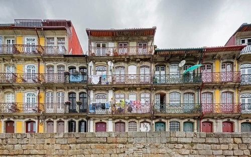 Colourful houses on the banks of the Douro in the Ribeira district, doors, Oporto, Porto district,