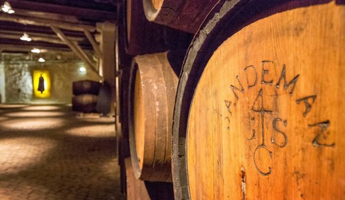 Port wine barrels, wine cellar of the Sandemann winery in Gaia, Porto, Vila Nova de Gaia, Porto
