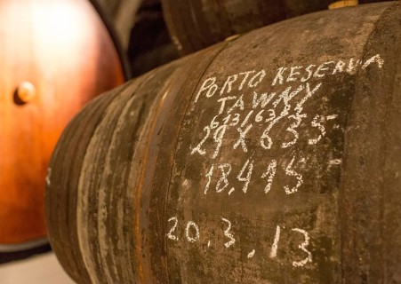 Vintage labelling, port wine barrels, wine cellar of the Sandemann winery in Gaia, Porto, Vila Nova