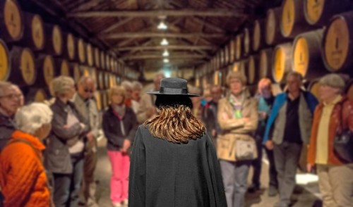 Group of visitors with traditional travel guide, port wine barrels, wine cellar of the Sandemann