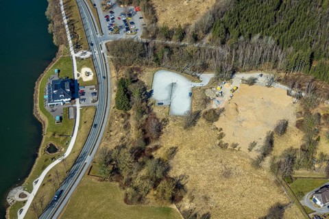 Aerial view, home harbour restaurant Grote Goldbäckerei, construction site former outdoor swimming