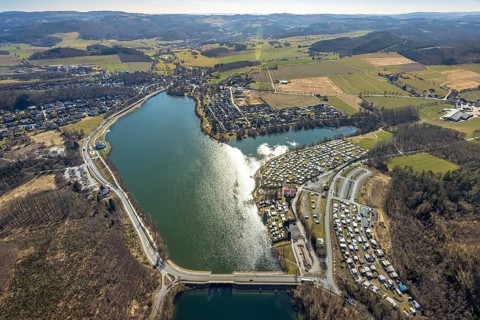 Aerial view, reservoir Amecke Sorpesee, campsite Amecker Damm, hilly landscape, Amecke, Sundern,