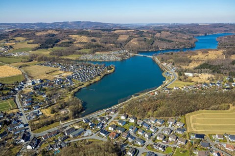 Aerial view, Sorpesee, reservoir Amecke and lake road dam, forest area with forest damage, Amecke,