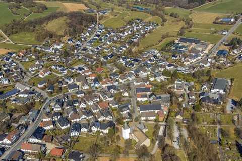 Aerial view, residential area local view with church St. Antonius Einsiedler, Sundern, Sauerland,
