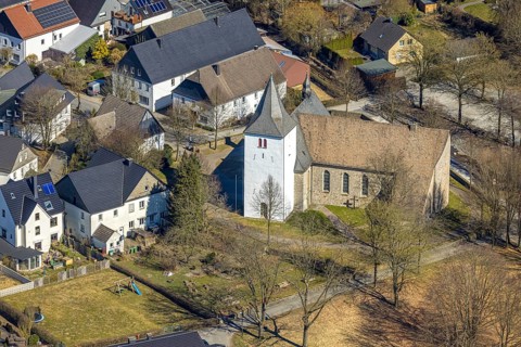 Aerial view, residential area local view with church St. Antonius Einsiedler, Sundern, Sauerland,